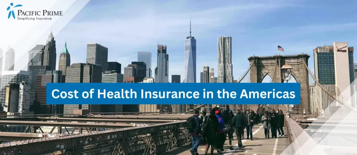 Image of People Walking On Brooklyn Bridge In New York, USA with text overlay of "Cost of Health Insurance in the Americas"