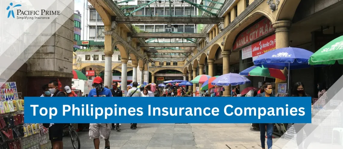 Image of People Walking On Quiapo's Busy Street, Manila with text overlay of "Top Philippines Insurance Companies"
