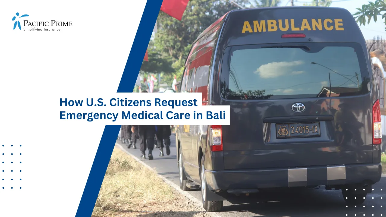 Image of People Walking On Street Beside A Parked Ambulance Van with text overlay of "How U.S. Citizens Request Emergency Medical Care in Bali"