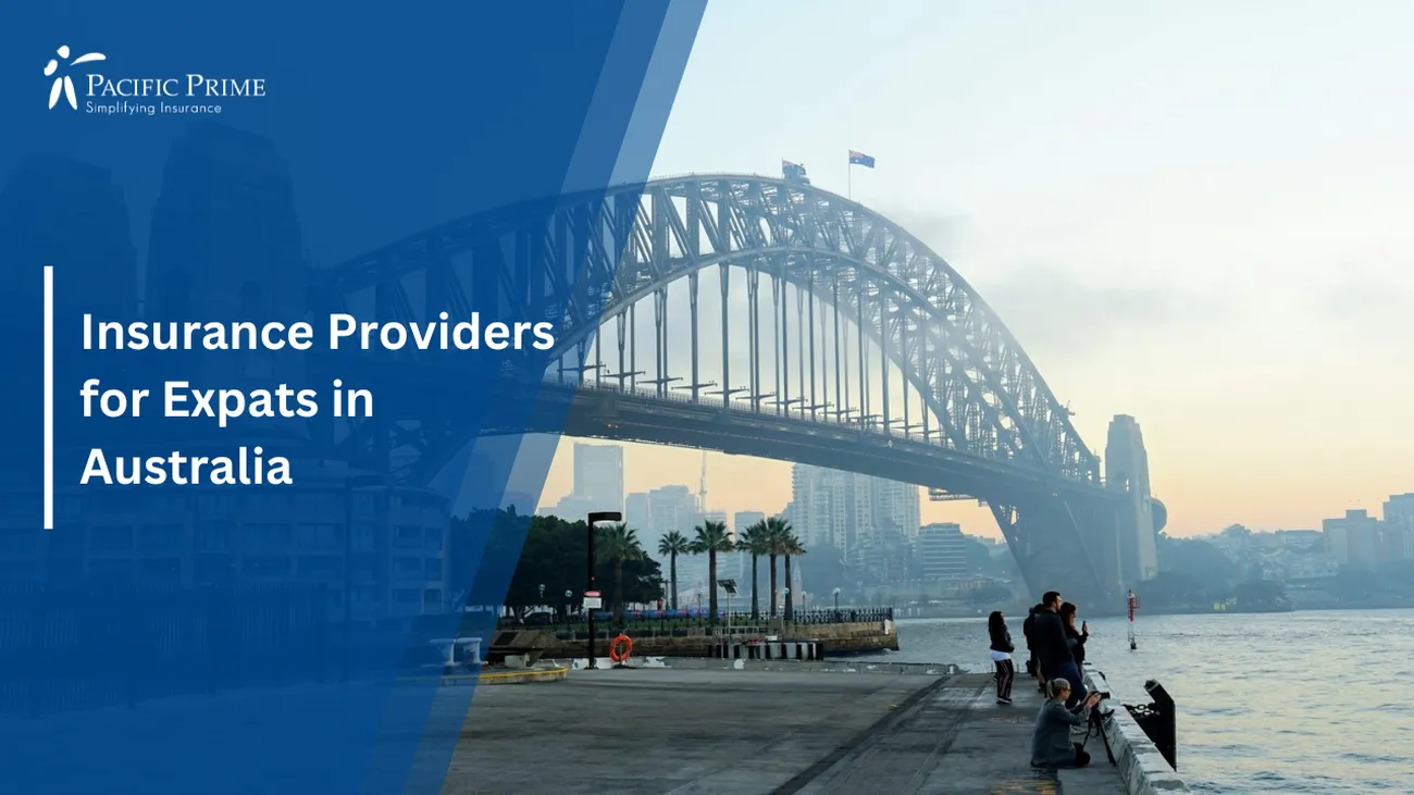 Image of People Walking On The Sidewalk Near Sydney Harbour Bridge During The Day with text overlay of "Insurance Providers for Expats in Australia"
