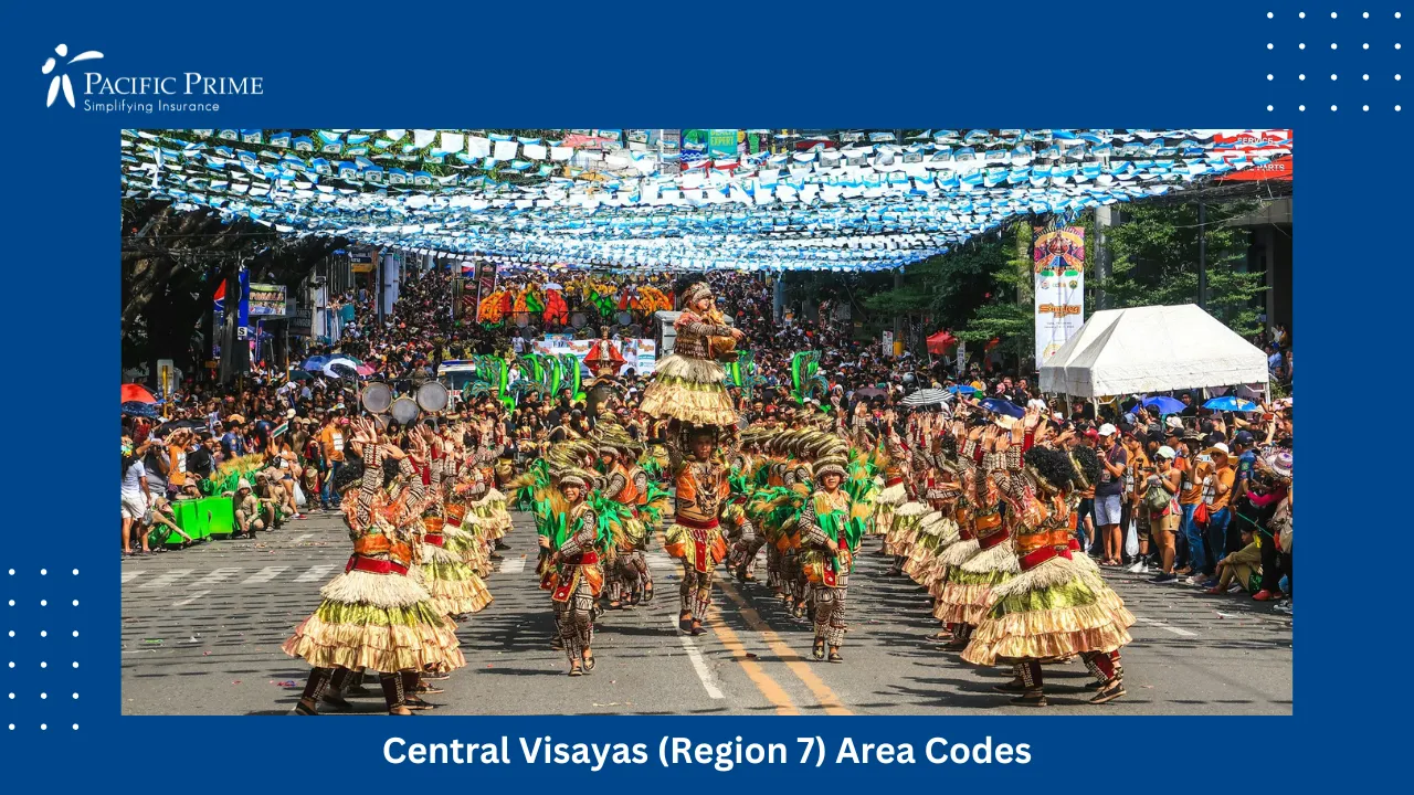 Image of Performers In Traditional Attire Walking During Sinulog Festival In Cebu with text overlay of "Central Luzon (Region 3) Area Codes"