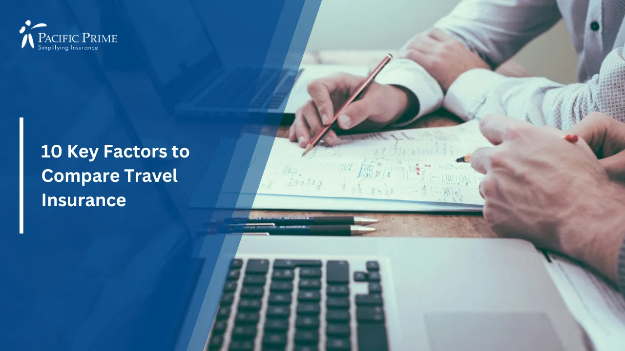 Image of Person Brainstorming Travel Insurance Notes Beside A Laptop With Pencil In Hand with text overlay of "10 Key Factors to Compare Travel Insurance"