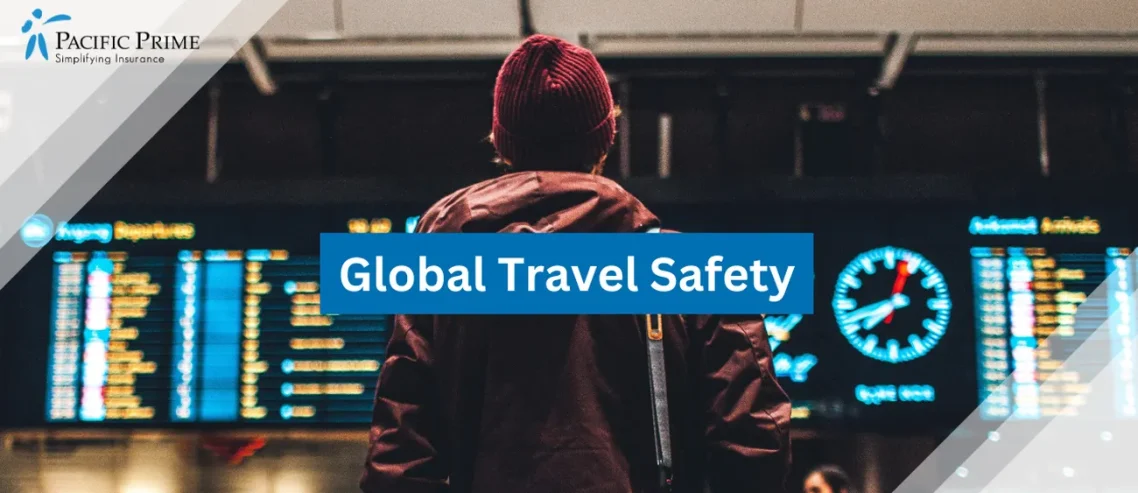Image of Person Checking Flight Schedules On A Digital Screen with text overlay of "Global Travel Safety"