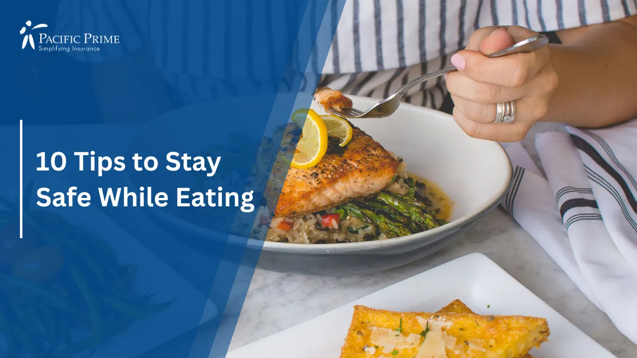 Image of a Person Eating Fish with text overlay of "10 Tips to Stay Safe While Eating"