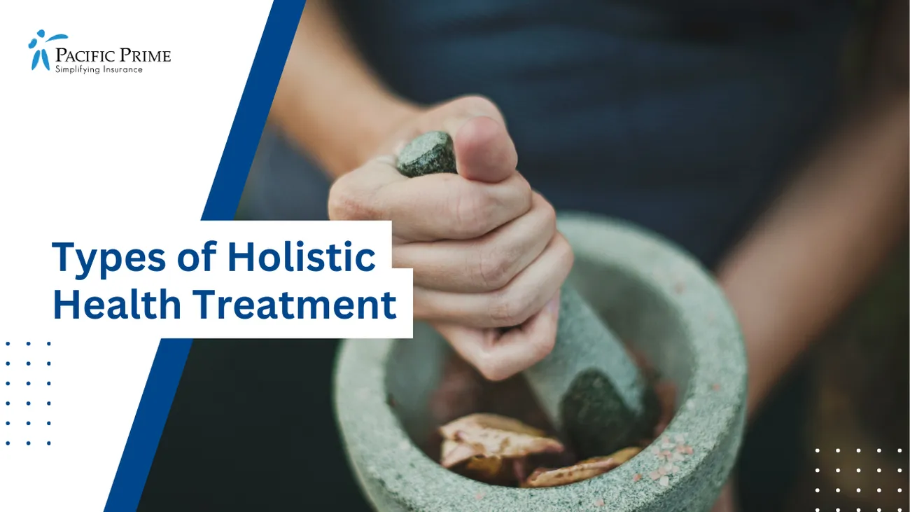 Image of a Person Grinding Herbs In A Mortar And Pestle For Herbal Medicine Preparation with text overlay of "Types of Holistic Health Treatment"