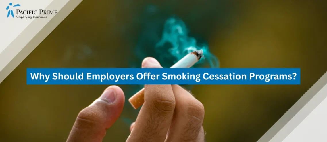 Image of Person Holding A Lit Cigarette Between Fingers with text overlay of "Why Should Employers Offer Smoking Cessation Programs?"