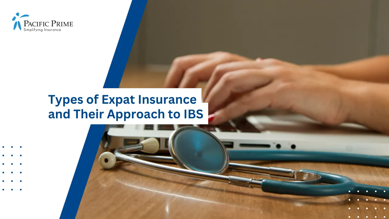 Image of Person Using Laptop With Green Stethoscope Nearby with text overlay of "Types of Expat Insurance and Their Approach to IBS"