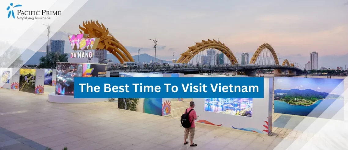 Image of Person Viewing Photo Wall At Outdoor Gallery Near Han River In Danang with text overlay of "The Best Time To Visit Vietnam"