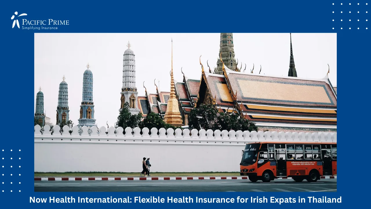 Image of Person Walking Near Red And White Bus By The Grand Palace Bangkok with text overlay of "Now Health International: Flexible Health Insurance for Irish Expats in Thailand"