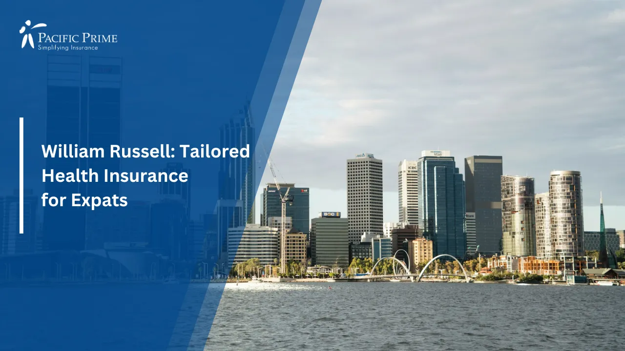 Image of Perth CBD Skyline With Modern Buildings Along The Waterfront During Daytime with text overlay of "William Russell: Tailored Health Insurance for Expats"