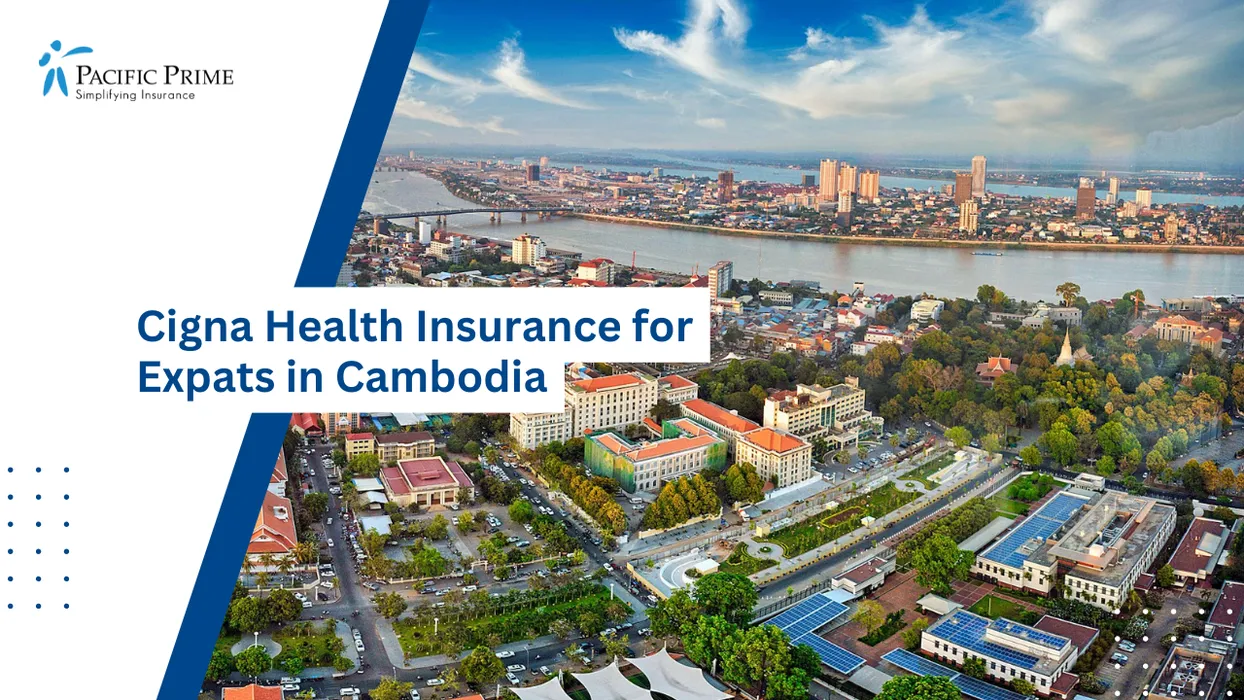 Image of Phnom Penh Skyline View From Sora Skybar Overlooking Riverside High-rise District with text overlay of "Cigna Health Insurance for Expats in Cambodia"
