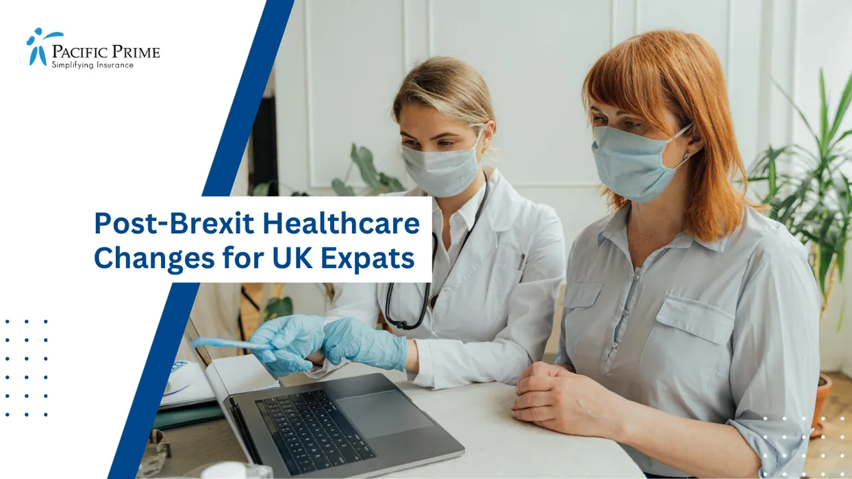 Image of Physician And Patient Reviewing Medical Details Together On A Laptop Screen with text overlay of "Post-Brexit Healthcare Changes for UK Expats"