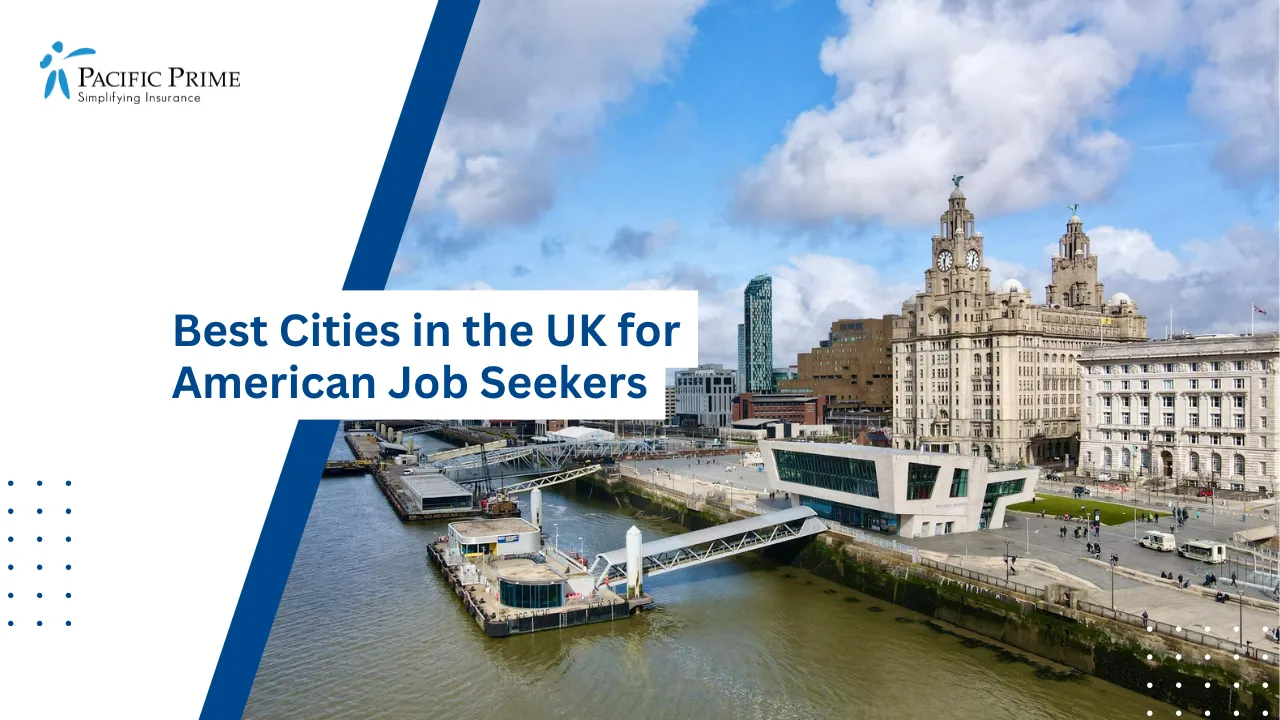 Image of Pier Head Waterfront And Historic Buildings In Liverpool, England with text overlay of "Best Cities in the UK for American Job Seekers"