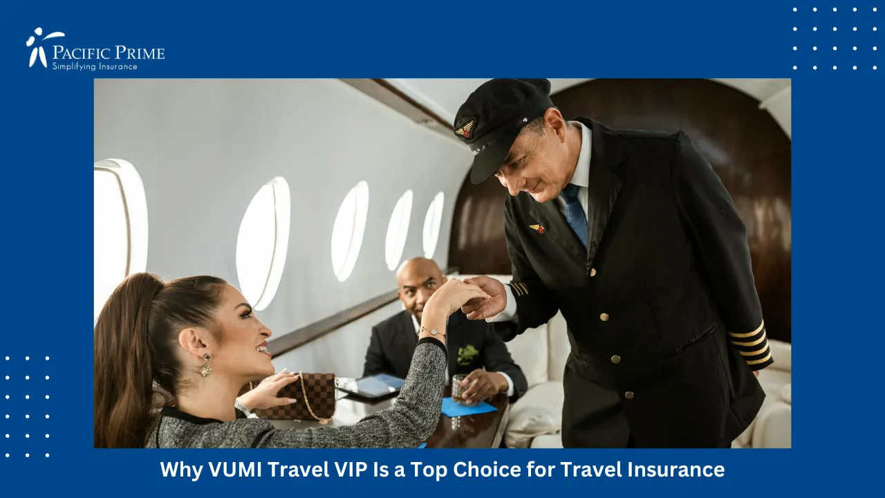 Image of Pilot Comforting A Passenger While Seated Inside An Airplane with text overlay of "Why VUMI Travel VIP Is a Top Choice for Travel Insurance"