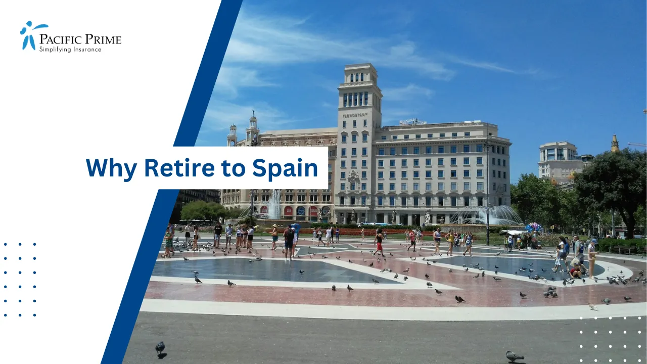 Image of Plaça De Catalunya With Cityscape View In Central Barcelona with text overlay of "Why Retire to Spain"