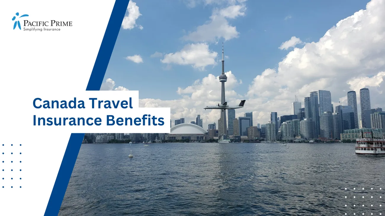 Image of Plane Landing Near Cn Tower With City Skyline And Clouds In Toronto with text overlay of "Canada Travel Insurance Benefits"