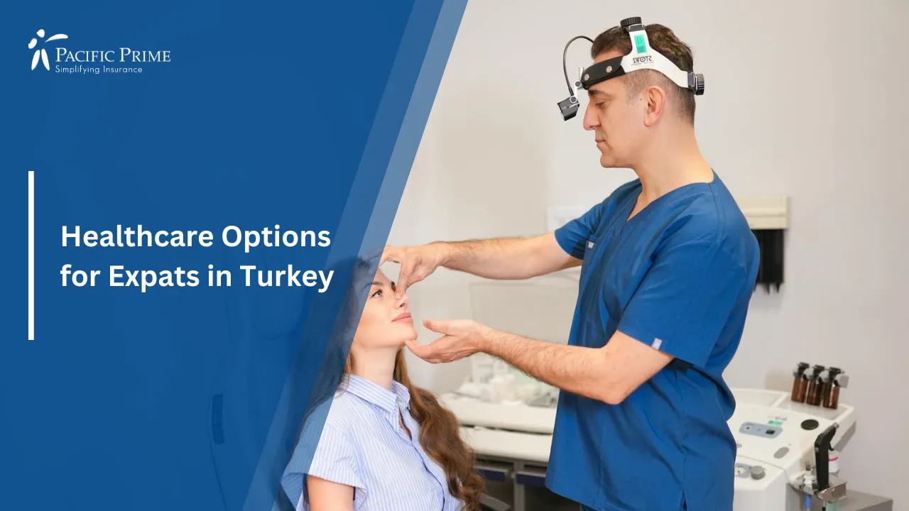 Image of Plastic Surgeon Checking Patient’s Nose In Modern Istanbul Clinic with text overlay of "Healthcare Options for Expats in Turkey"