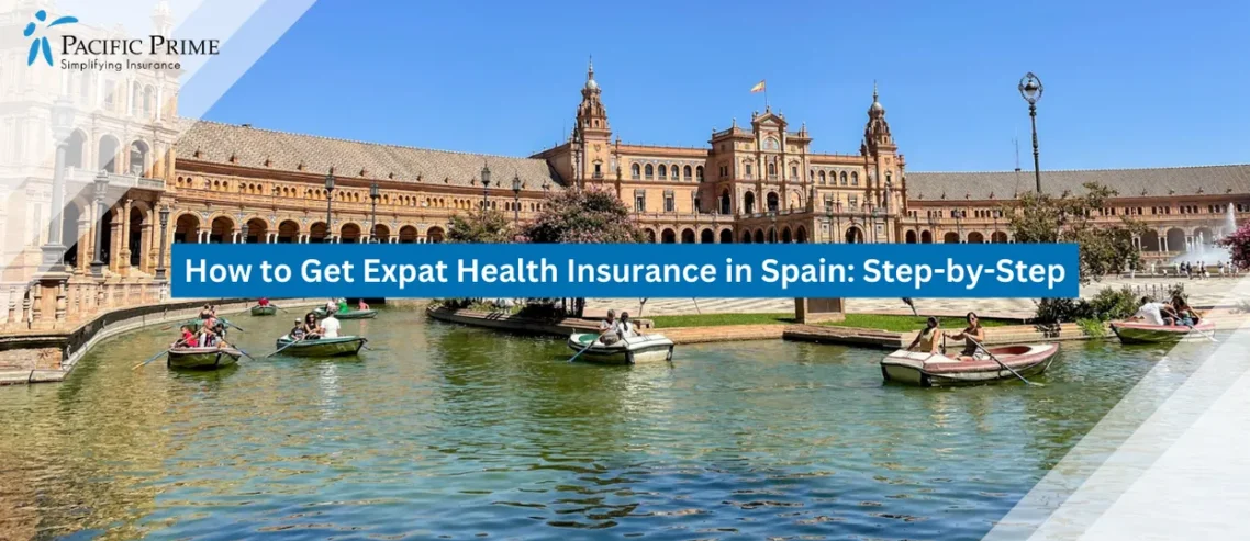 Image of Plaza De España Beside A Canal Reflecting Ornate Architecture In Seville, Spain with text overlay of "How to Get Expat Health Insurance in Spain: Step-by-Step"