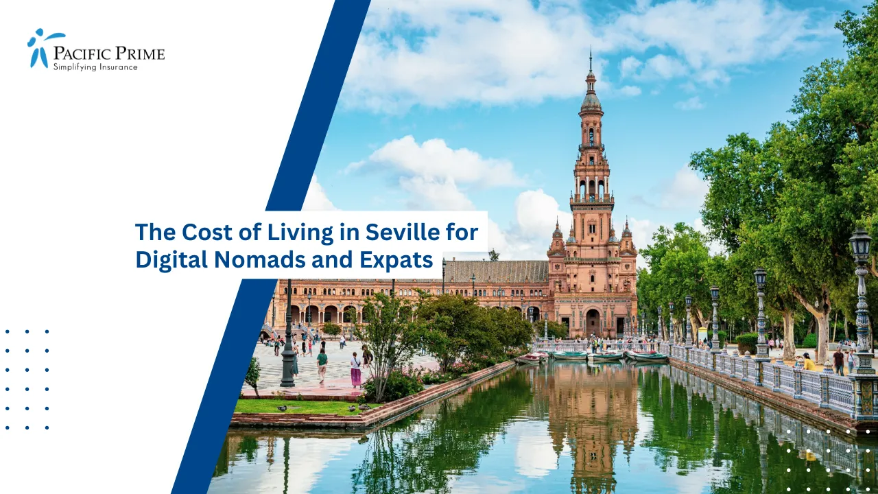 Image of Plaza De España Building And Tower Beside Water In Seville with text overlay of "The Cost of Living in Seville for Digital Nomads and Expats"