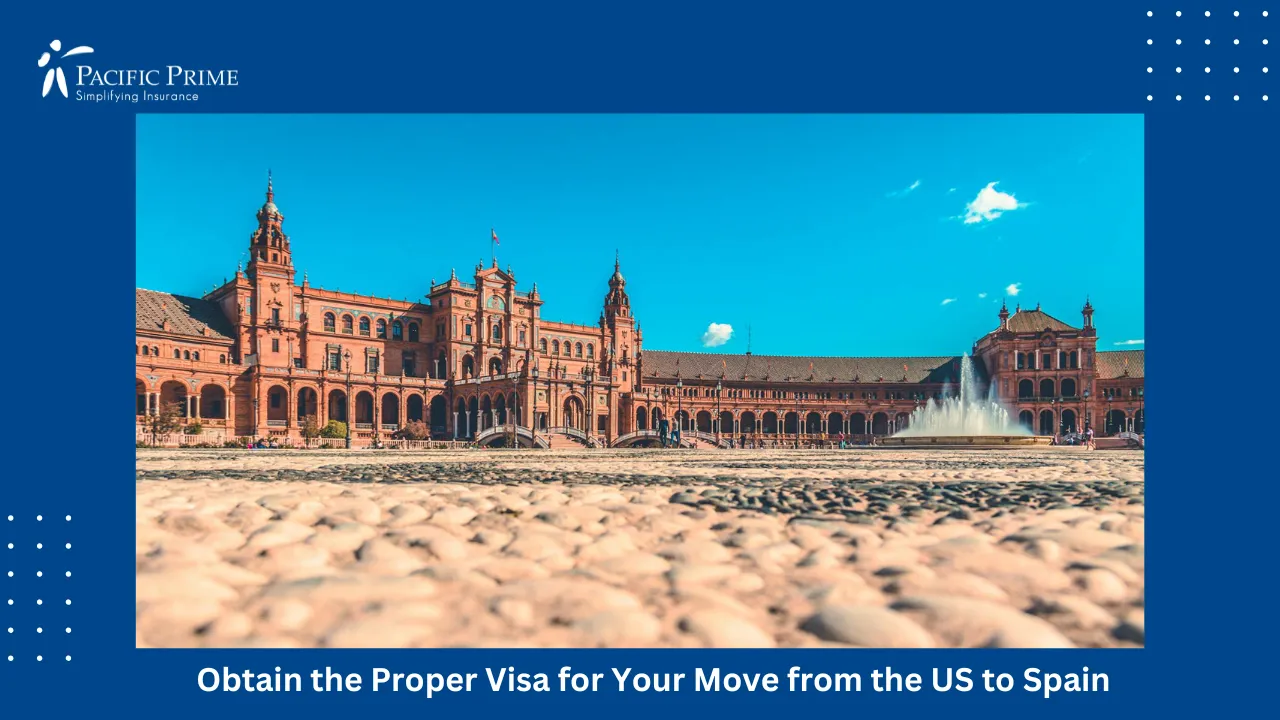 Image of Plaza De España With Fountain And Unique Architecture Under Blue Sky with text overlay of "Obtain the Proper Visa for Your Move from the US to Spain"