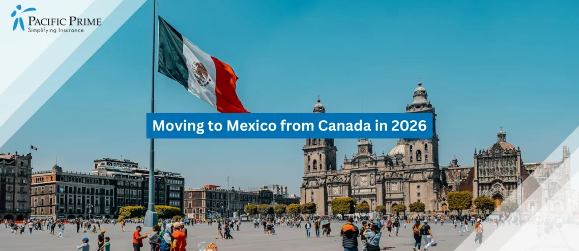 Image of Plaza De La Constitución In Mexico City With Historic Buildings And Open Square with text overlay of "Moving to Mexico from Canada in 2026"
