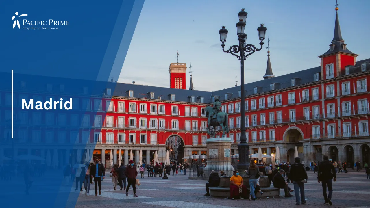 Image of Plaza Mayor In Madrid At Dusk With Warm Evening Lights with text overlay of "Madrid"