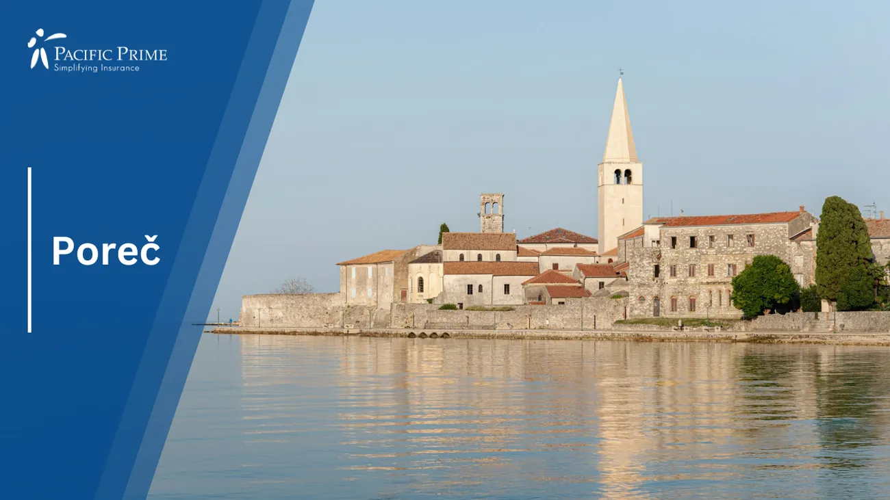Image of Poreč, Croatia: Expansive Water View With Quaint Town Backdrop with text overlay of "Poreč"