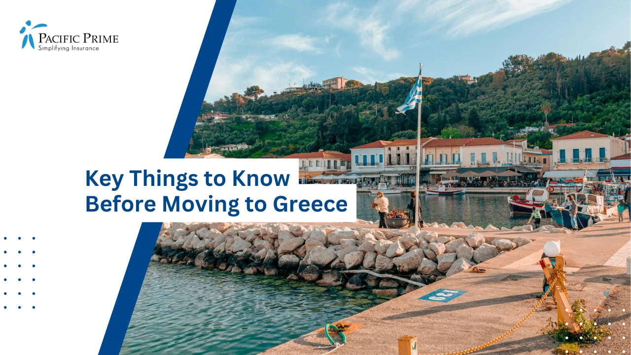 Image of Port Of Katakolo With Boats And Coastal Buildings In Greece with text overlay of "Key Things to Know Before Moving to Greece"
