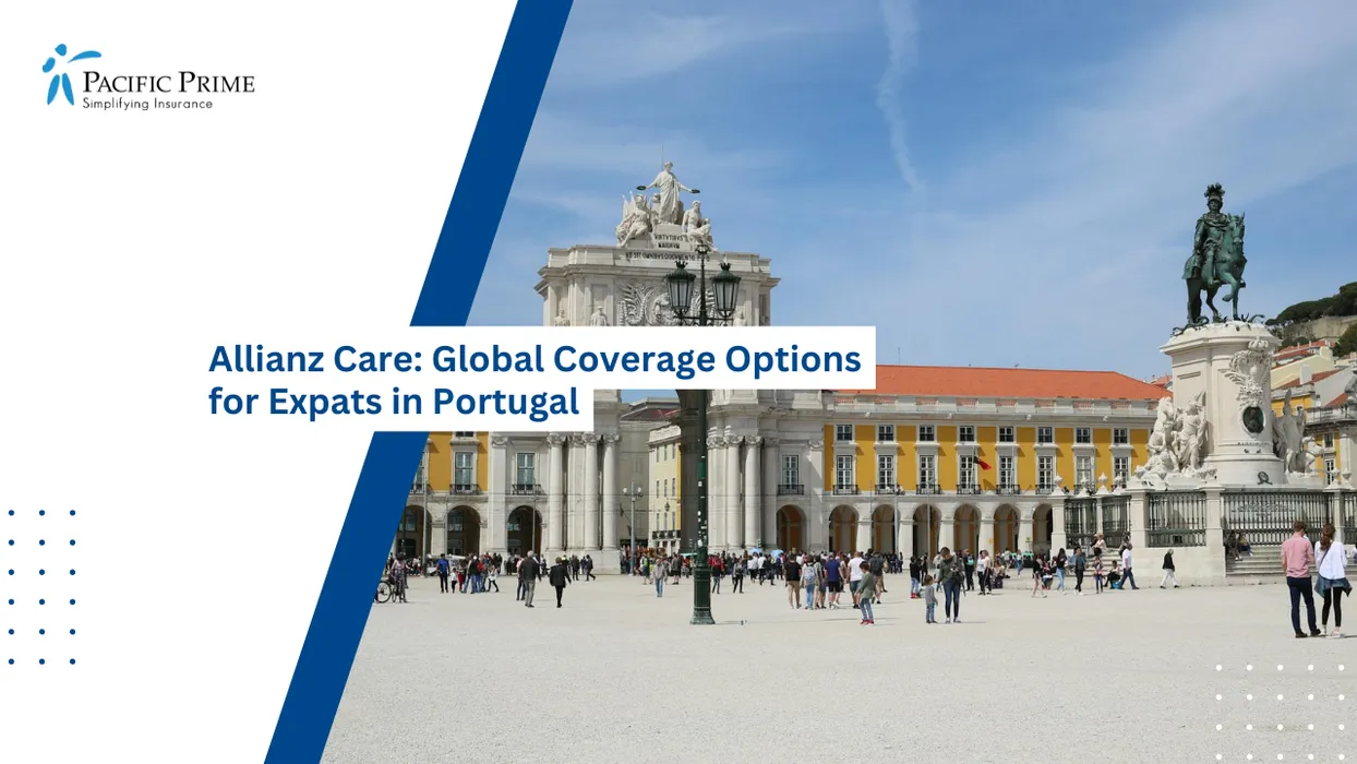 Image of Pra&ccedil;a Do Com&eacute;rcio In Lisbon With Historic Waterfront Architecture And Lively Public Square with text overlay of "Allianz Care: Global Coverage Options for Expats in Portugal"
