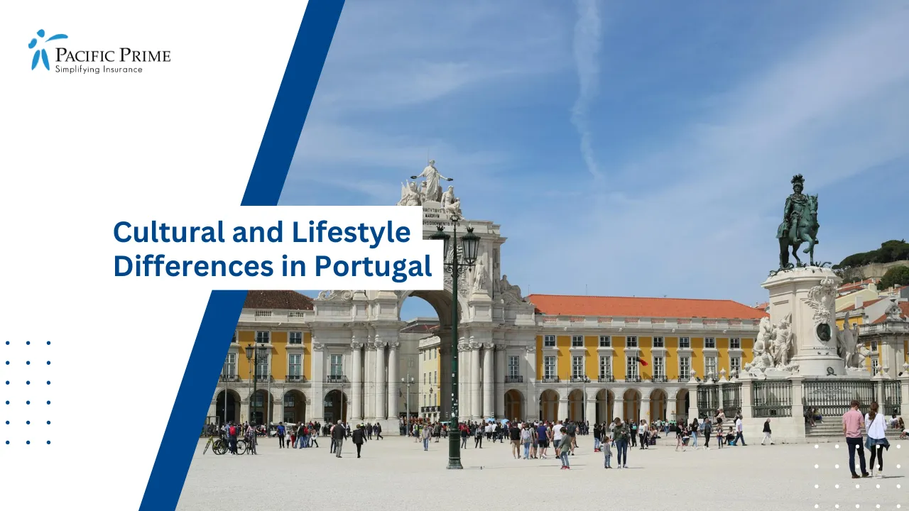 Image of Praça Do Comércio In Lisbon With Tourists And Historic Architecture with text overlay of "Cultural and Lifestyle Differences in Portugal"