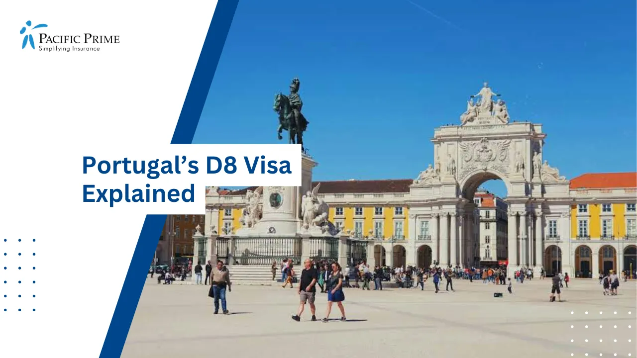 Image of Praça Do Comércio Square In Lisbon On A Bright Sunny Day with text overlay of "Portugal’s D8 Visa Explained"