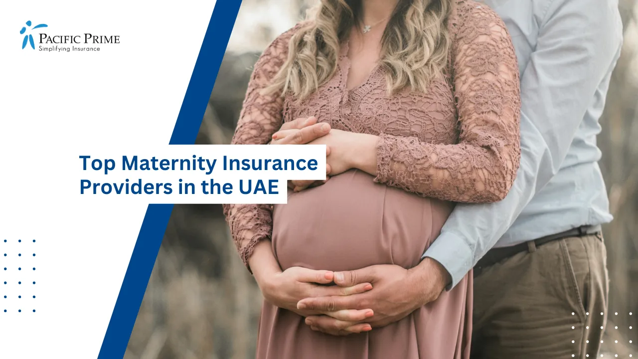 Image of Pregnant Couple Embracing With Hands On Belly In An Open Field with text overlay of "Top Maternity Insurance Providers in the UAE"