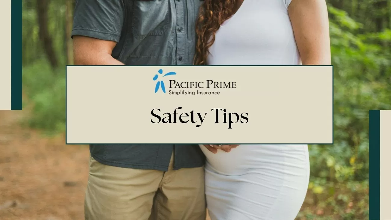 Image of a Pregnant Woman Alongside Her Husband with text overlay of "Safety Tips"