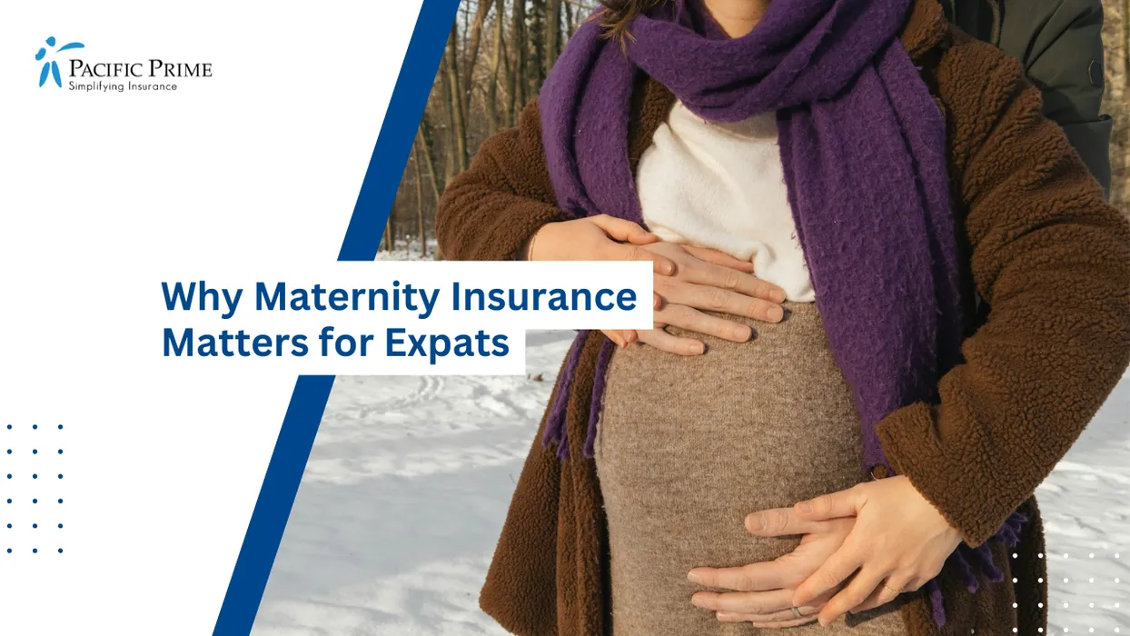 Image of Pregnant Woman Gently Holding Her Belly While Standing Outdoors In A Snowy Setting with text overlay of "Why Maternity Insurance Matters for Expats"