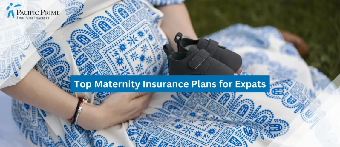 Image of Pregnant Woman Holding Baby Shoes In A Blue And White Dress with text overlay of "Top Maternity Insurance Plans for Expats"