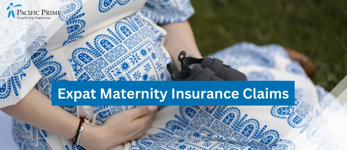Image of Pregnant Woman In Blue And White Dress Holding A Baby Shoe with text overlay of "Expat Maternity Insurance Claims"