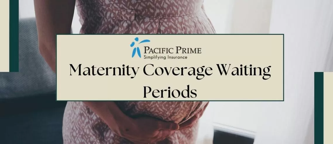 Image of a Pregnant Woman In Floral Dress Standing with text overlay of "Maternity Coverage Waiting Periods"