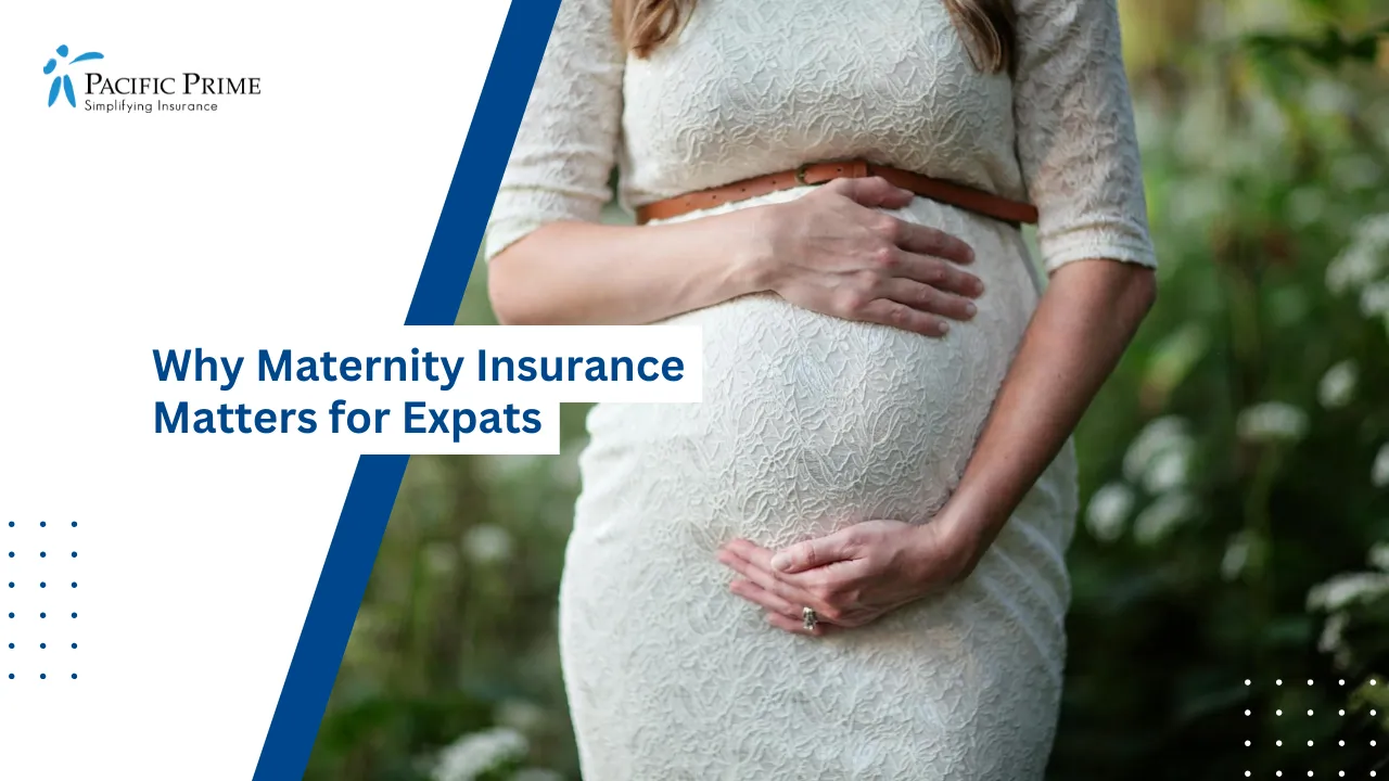Image of Pregnant Woman In Lace Dress Cradling Belly Outdoors with text overlay of "Why Maternity Insurance Matters for Expats"