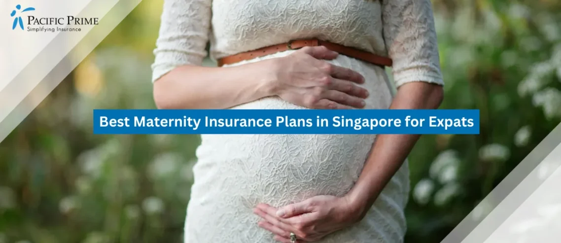 Image of Pregnant Woman In Lace Dress Gently Holding Her Belly During Outdoor Photoshoot with text overlay of "Best Maternity Insurance Plans in Singapore for Expats"