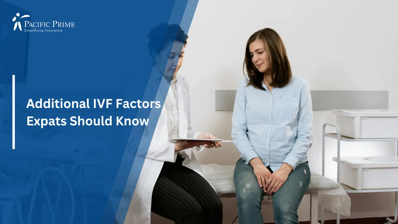 Image of Pregnant Woman Speaking With A Gynecologist In A Clinic Setting with text overlay of "Additional IVF Factors Expats Should Know"