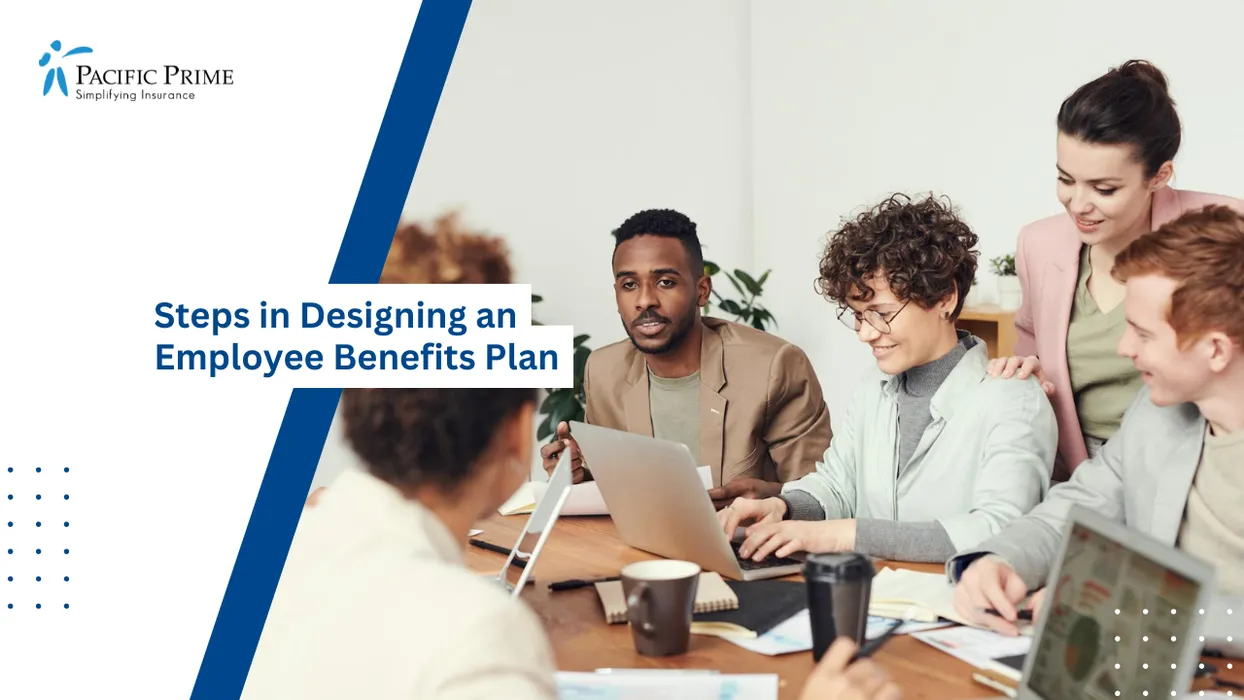 Image of Professional In Brown Blazer Leading A Team Discussion Around A Laptop-filled Table with text overlay of "Steps in Designing an Employee Benefits Plan"