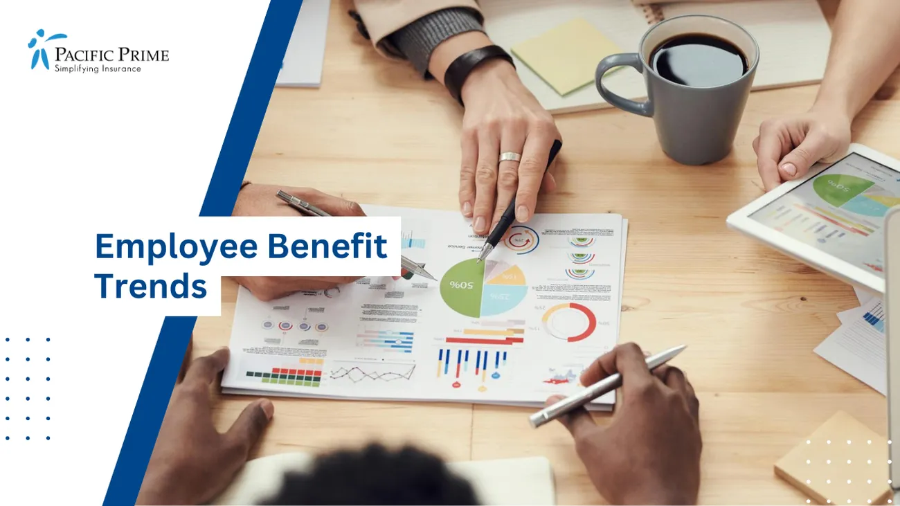 Image of Professionals Discussing Graphs And Trends In A Business Meeting with text overlay of "Employee Benefit Trends"