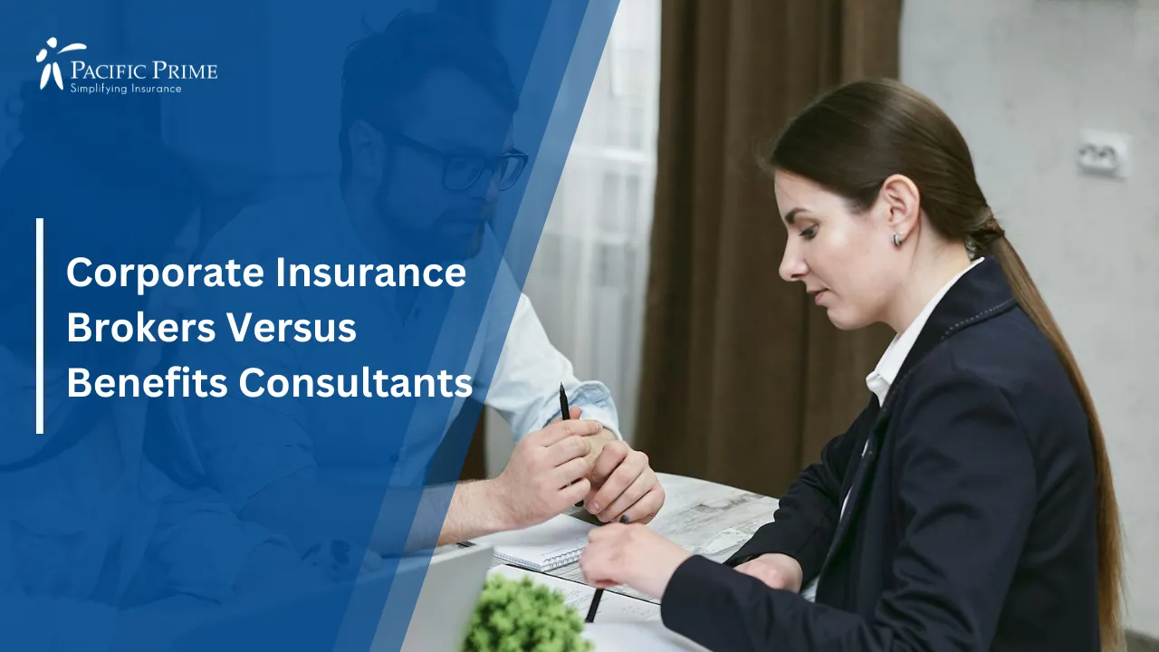 Image of Professionals Engaged In Conversation In A Business Setting with text overlay of "Corporate Insurance Brokers Versus Benefits Consultants"