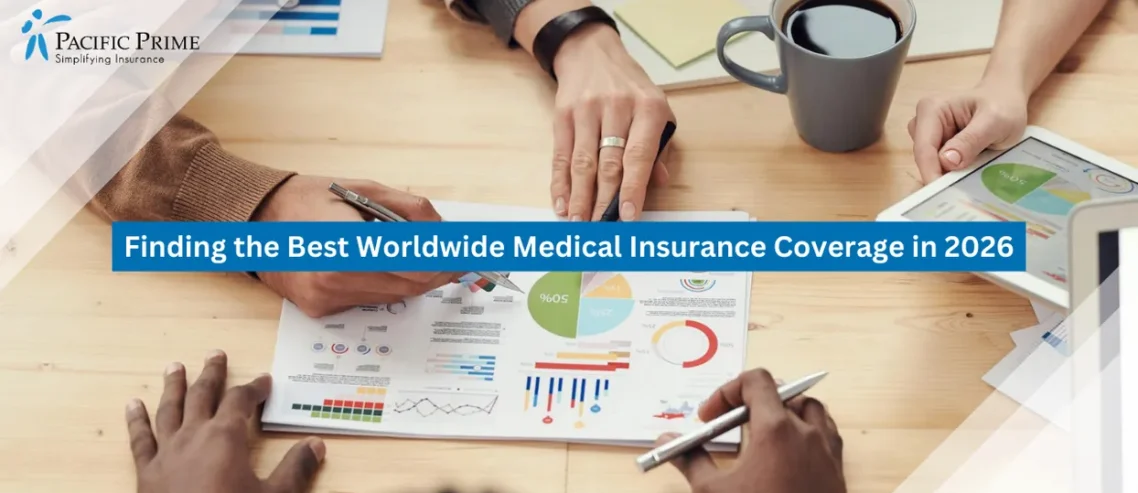 Image of Professionals Reviewing Charts While Discussing Medical Coverage Costs And Trends with text overlay of "Finding the Best Worldwide Medical Insurance Coverage in 2026"
