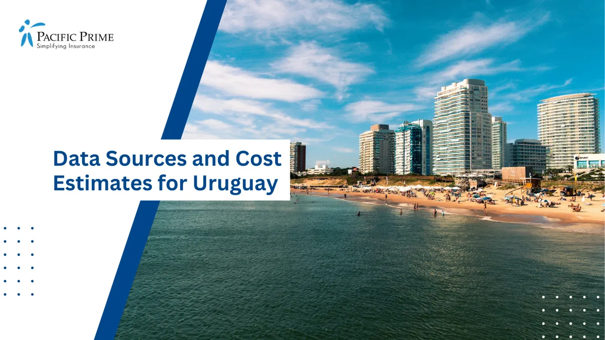 Image of Punta Del Este Beach And Cityscape, Maldonado Department, Uruguay with text overlay of "Data Sources and Cost Estimates for Uruguay"