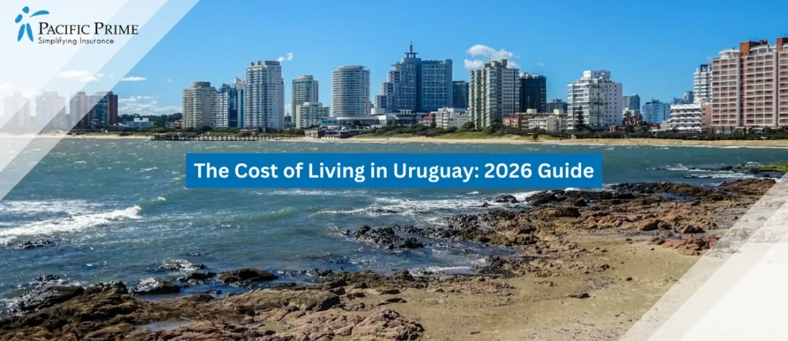 Image of Punta Del Este Skyline Across Water With Rocky Beach, Maldonado, Uruguay with text overlay of "The Cost of Living in Uruguay: 2026 Guide"