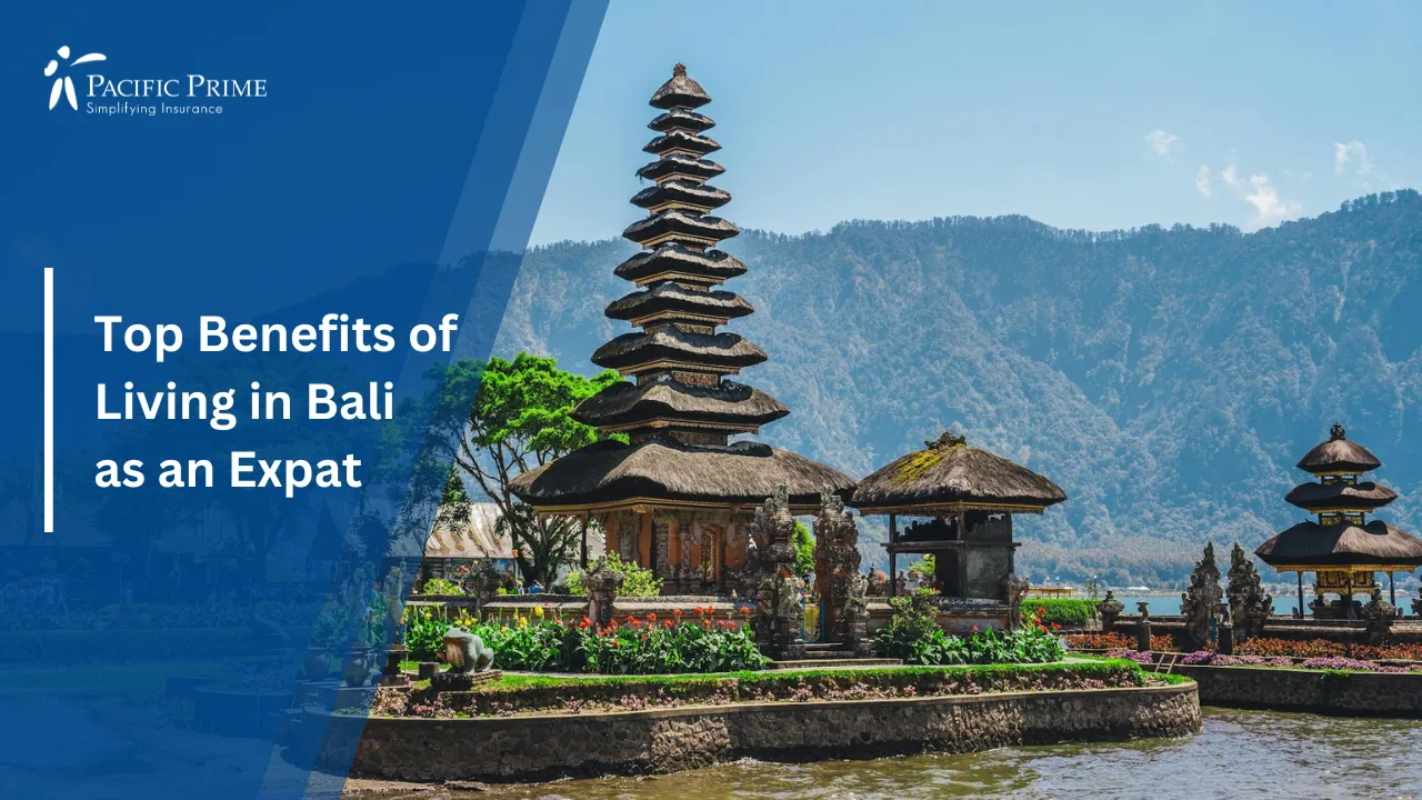 Image of Pura Ulun Danu Bratan Temple By The Lake In Bali with text overlay of "Top Benefits of Living in Bali as an Expat"