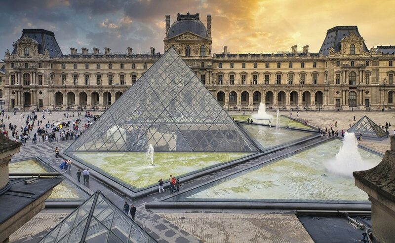 Pyramid And Fountain At Louvre, Paris