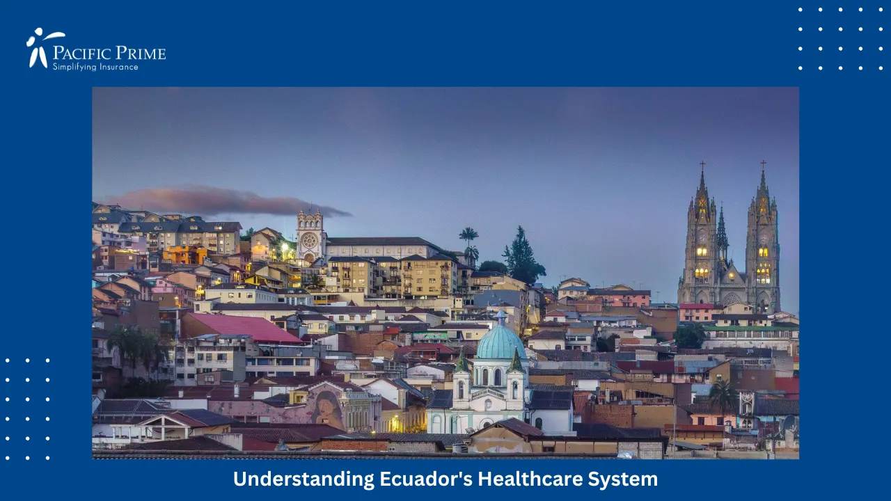 Image of Quito At Dusk With The Basilica Of The National Vow Rising Above The City with text overlay of "Understanding Ecuador's Healthcare System"