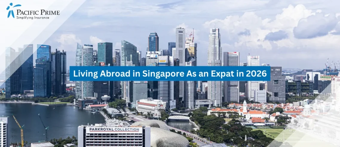 Image of Raffles Place Skyline Beside Marina Bay With Glass Towers And Waterfront Promenade with text overlay of "Living Abroad in Singapore As an Expat in 2026"